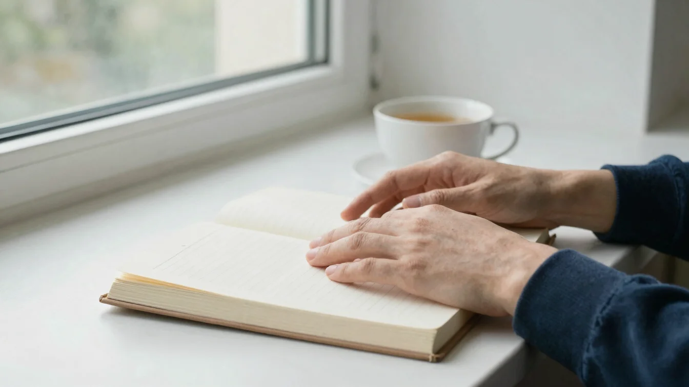 Close-up of hands resting open on a journal beside a cup of tea,