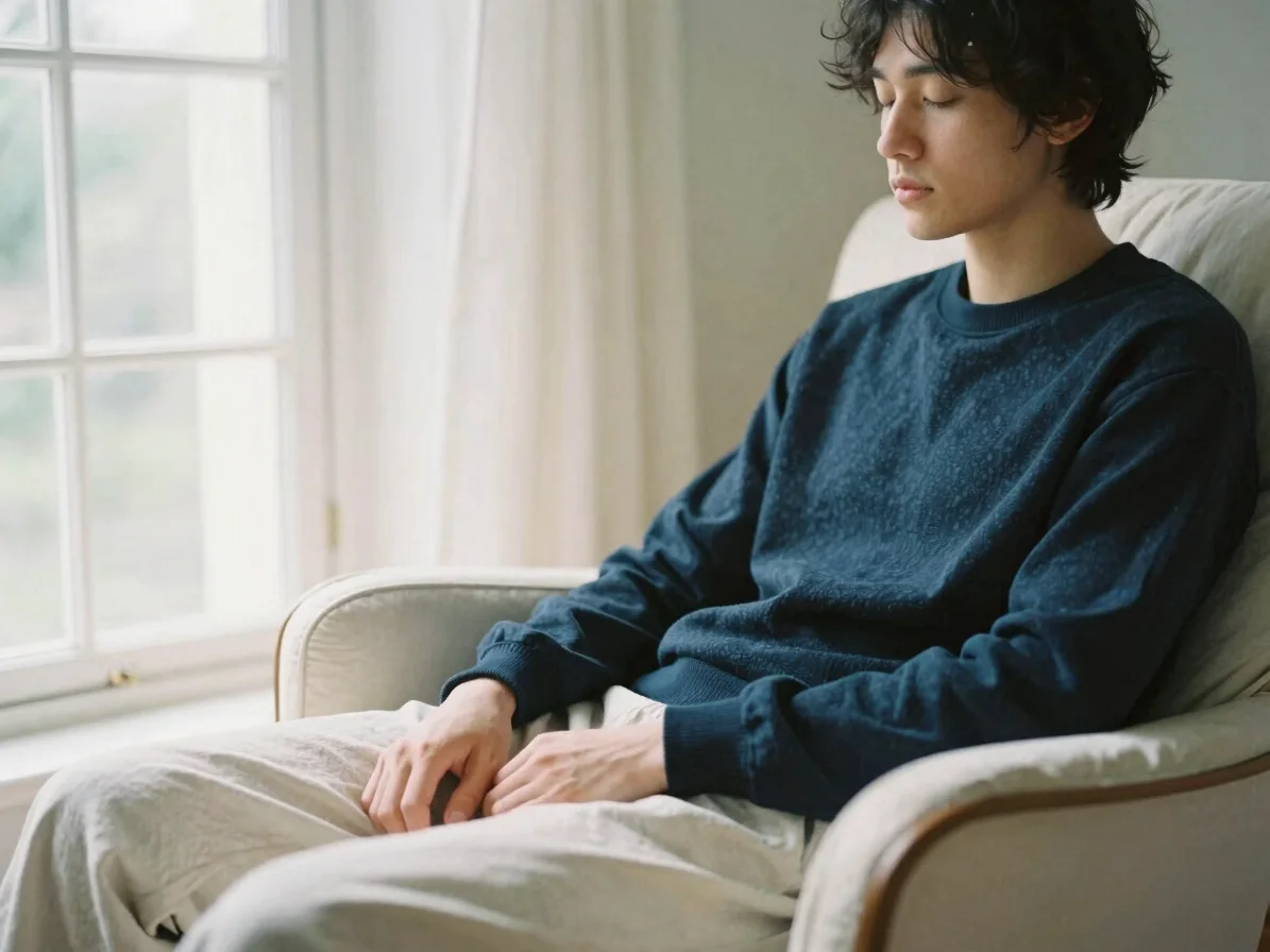 Natural editorial photograph of a person sitting quietly in soft