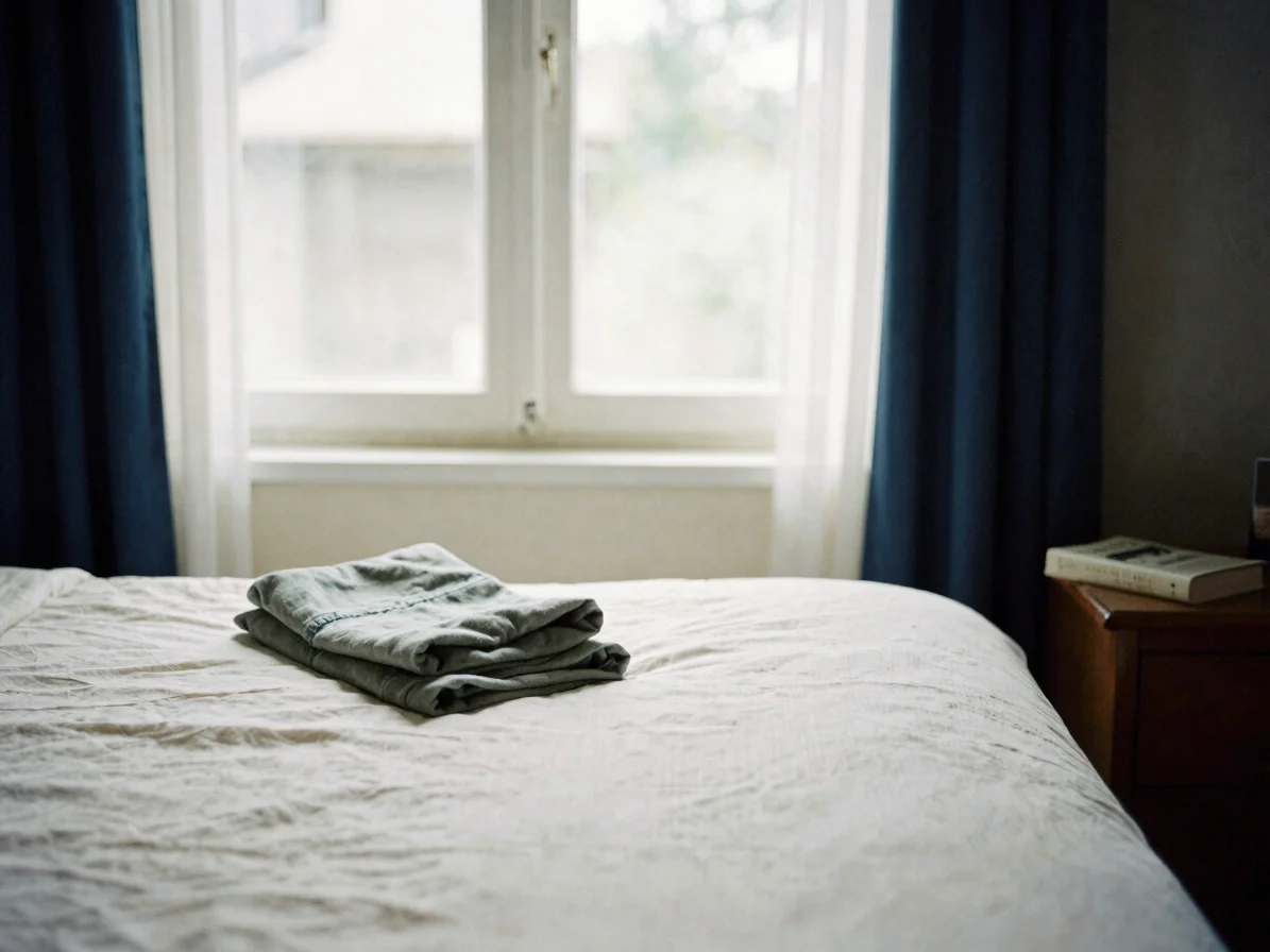 Soft morning window daylight falling across a made bed with cream