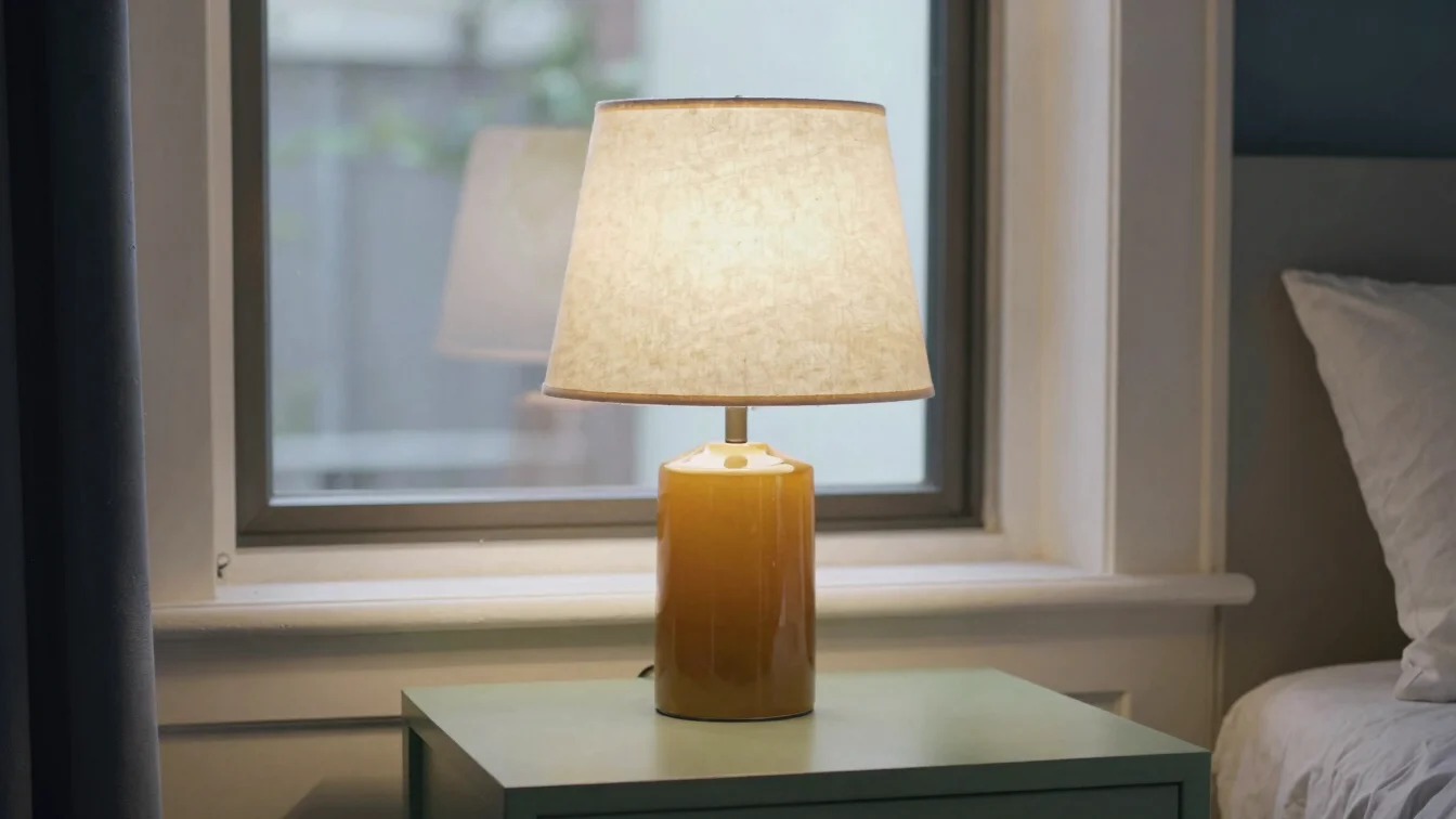Close-up of a warm amber bedside lamp with a linen shade on a sage-green side table, soft evening window light, natural