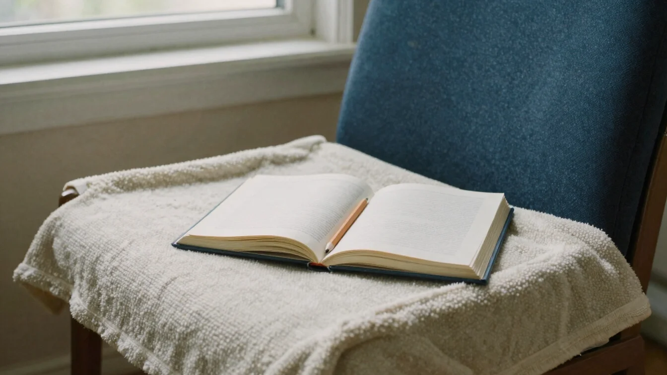 An open journal and a pencil resting on a cream blanket beside a reading chair, soft daylight, calm unstaged detail, nat