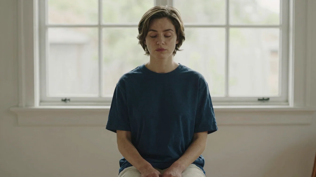 A person seated in a quiet room with eyes softly closed, hands resting in the lap, cream and sage tones, soft window lig