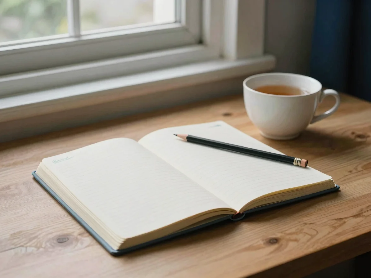 Natural editorial photograph of a open notebook, a pencil and a cup of tea on a wooden desk beside a window, soft daylig