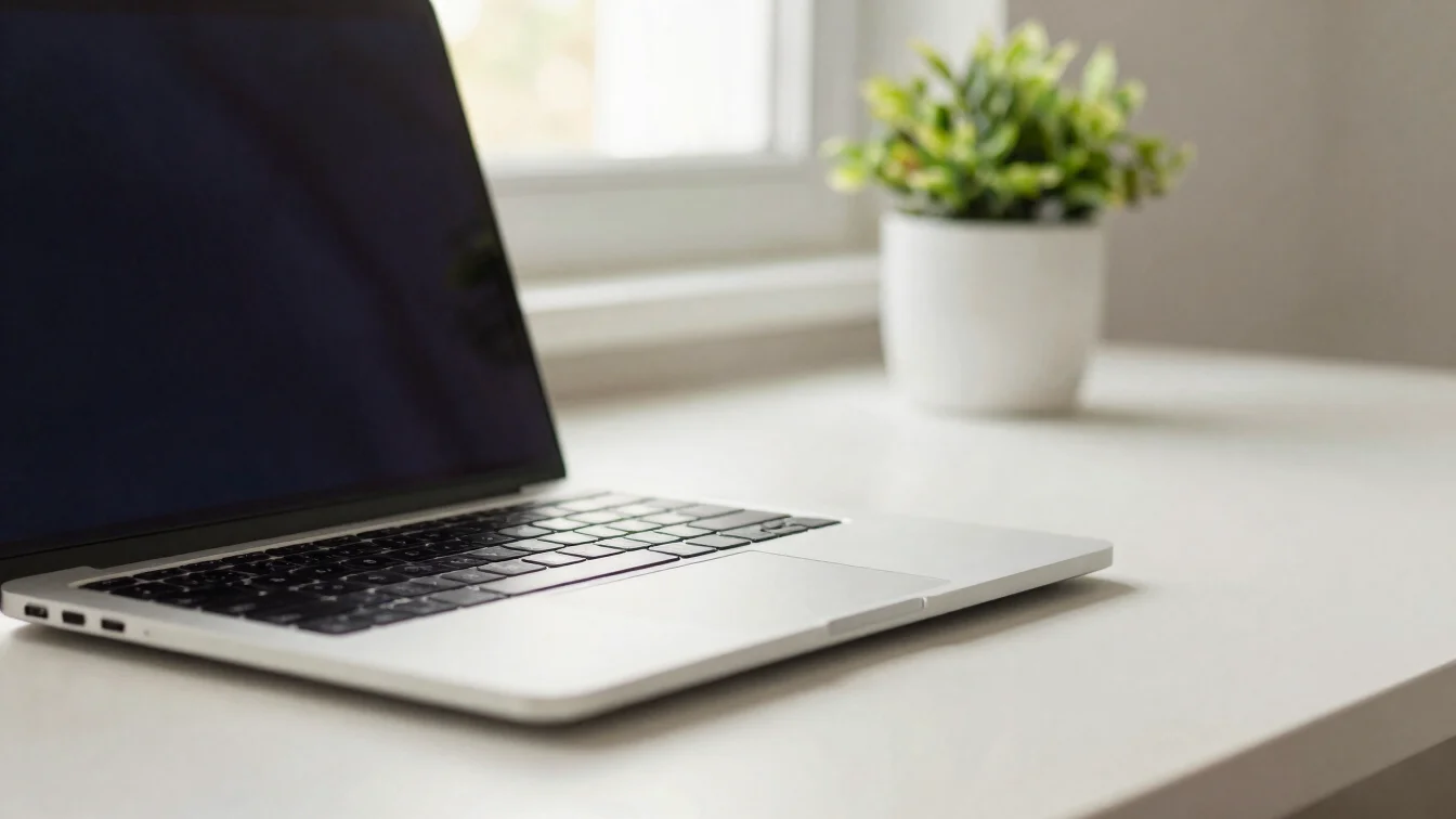 Natural close-up of a closed laptop and a plant on a quiet desk,