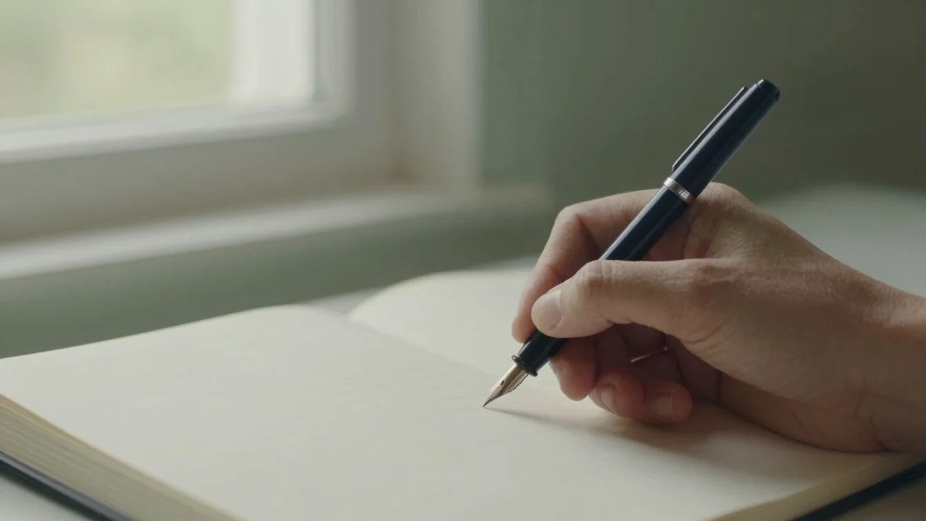 Natural detail shot of a hand writing in a notebook with a founta