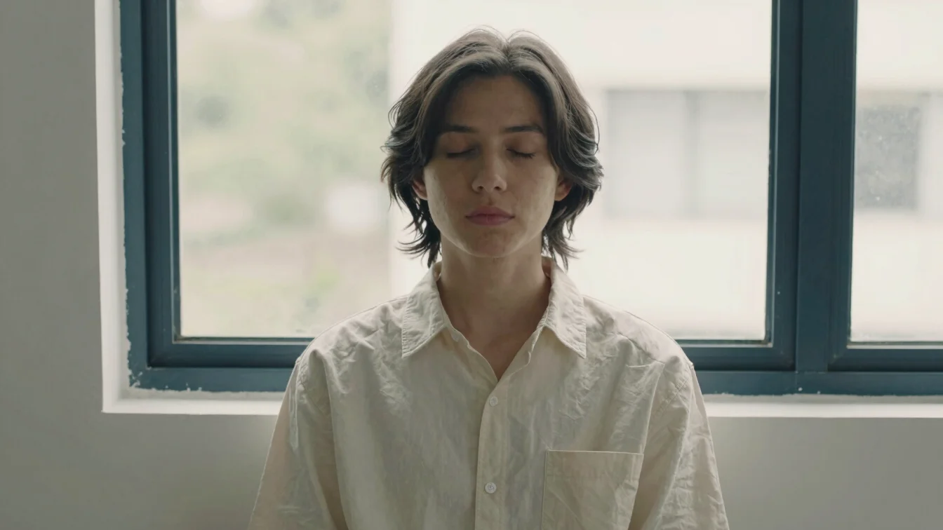 A person seated quietly by a window in soft natural light, eyes c