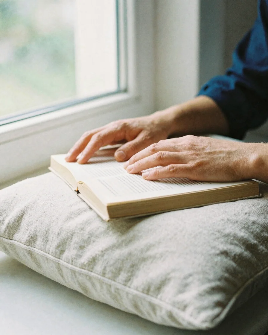 A person's hands resting on a linen cushion beside a closed book,