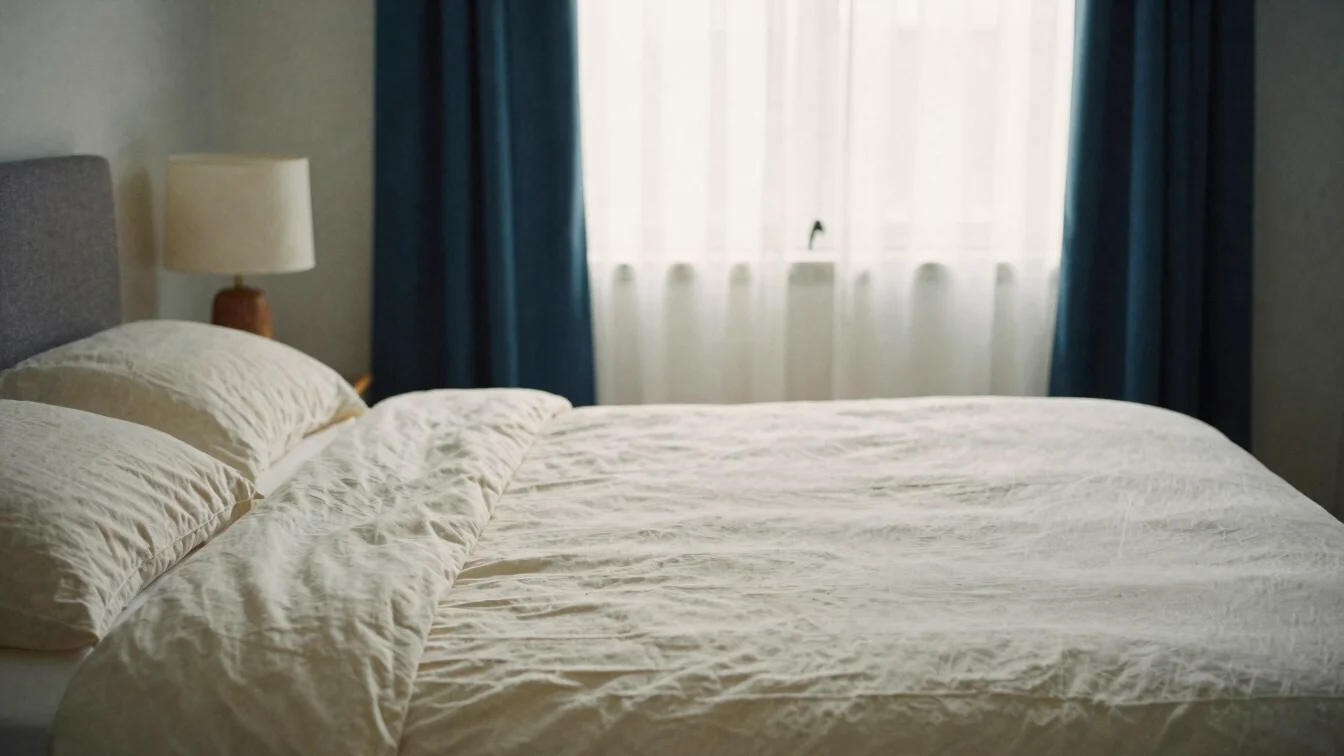 A restful bedroom with linen bedding and a low lamp, gentle shado