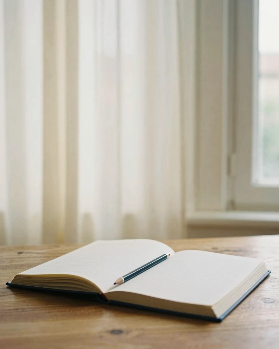 A journal and a pencil resting on a wooden table beside a window