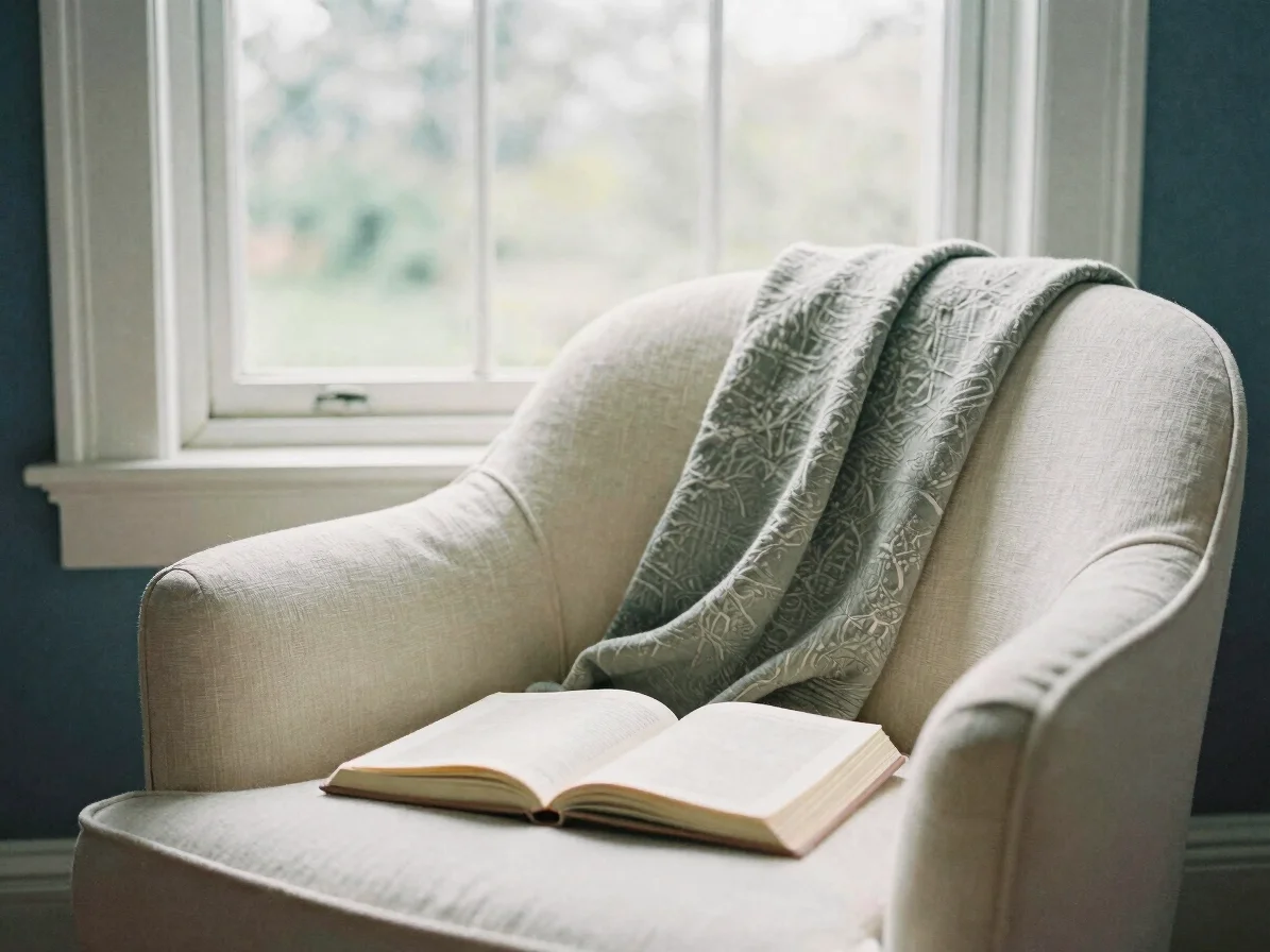 Soft window daylight across a cream armchair beside an open journal and a folded wool throw, sage-toned linen, calm unpo