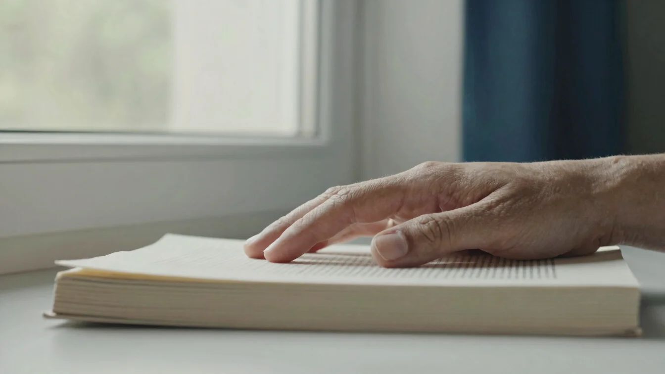 Close, unforced detail of a hand resting on a closed book in soft