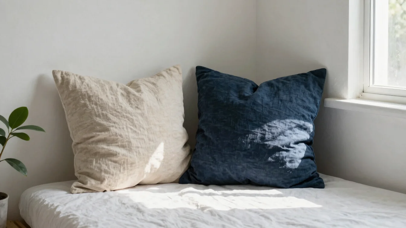 Quiet bedroom corner with a linen cushion and a plant in natural
