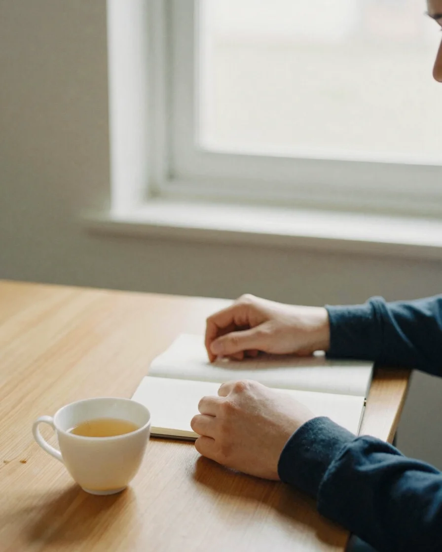 Person's hands resting on a wooden desk beside a cup of tea and a small notebook, soft window light, unforced editorial