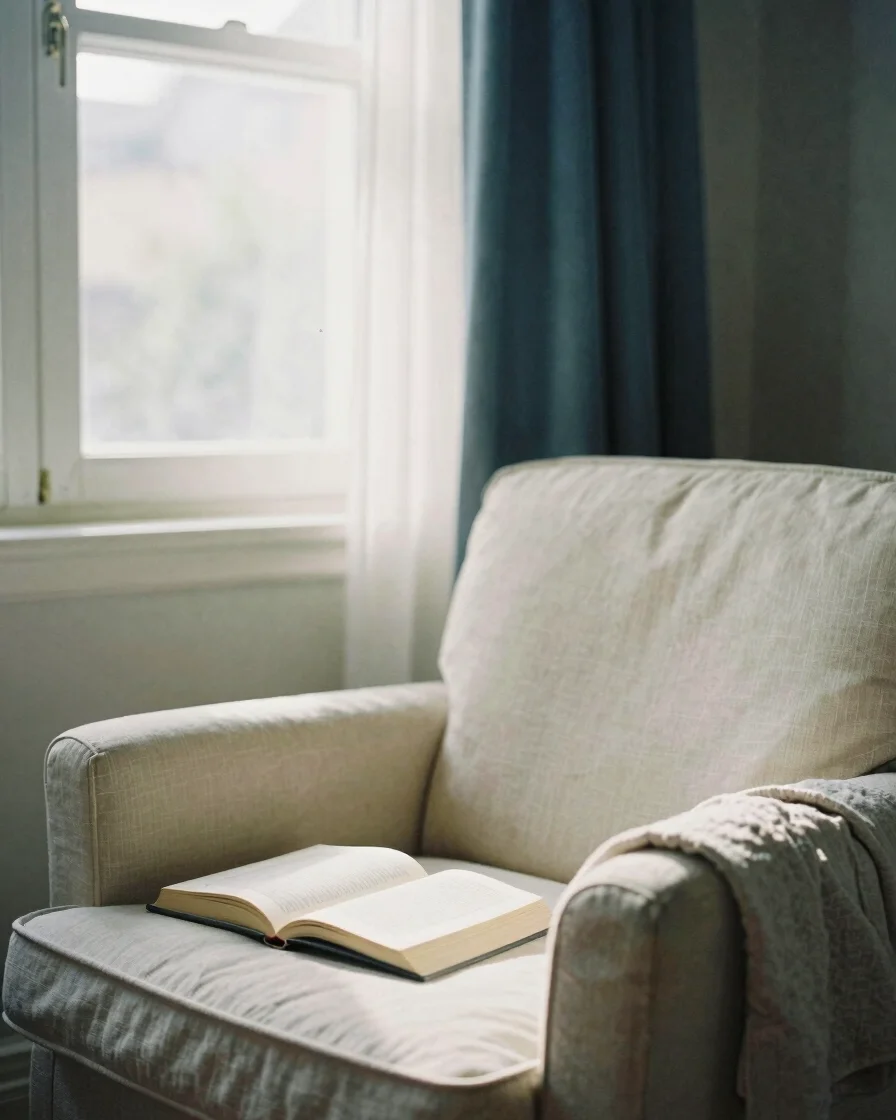 Soft morning window light falling across a cream armchair beside